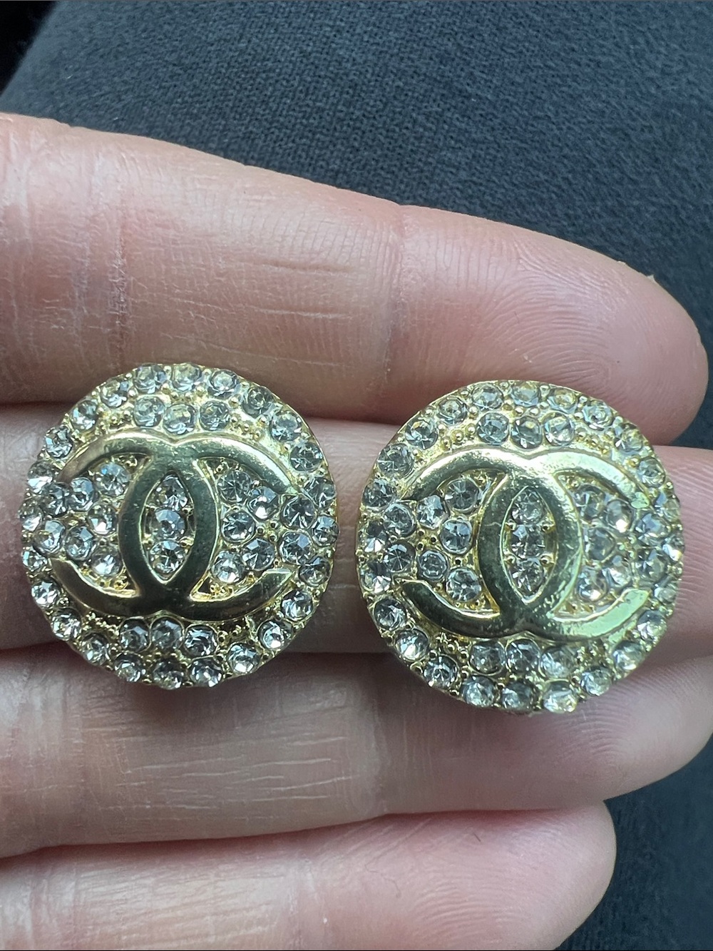 CHANEL Gold-Tone Crystal CC Button Earrings